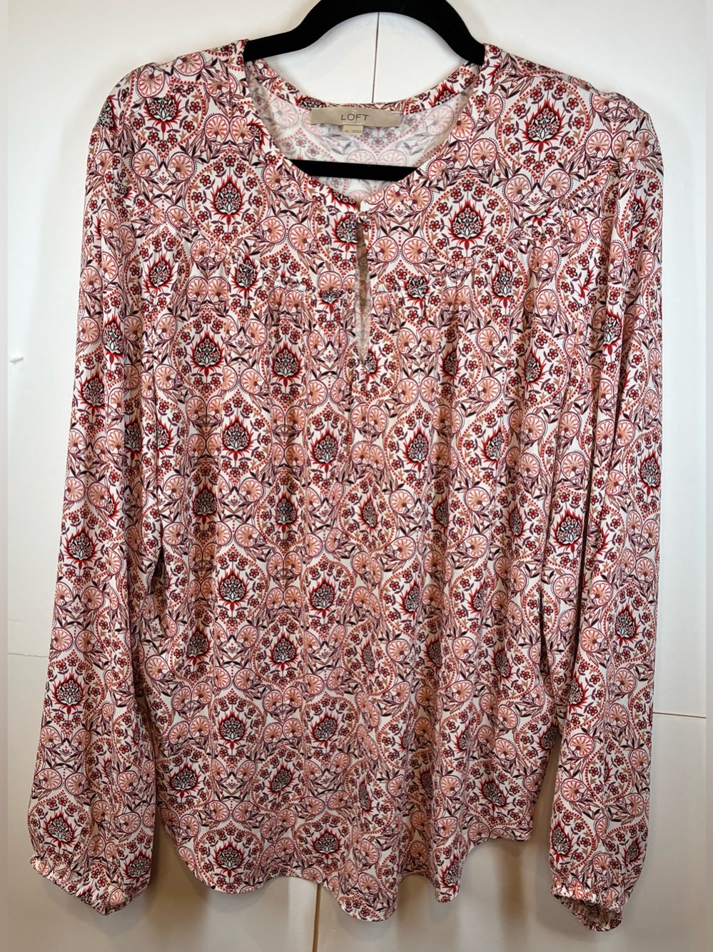 LOFT Boho Floral Medallion Print Keyhole Neck Long Sleeve Blouse Size XL